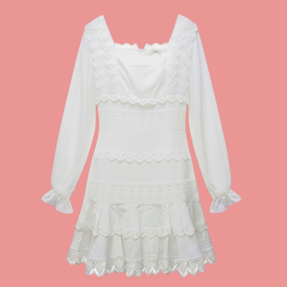 Endless Rose White Square Neckline Lace Trim Dress Long Sleeve Mini TL088D New L